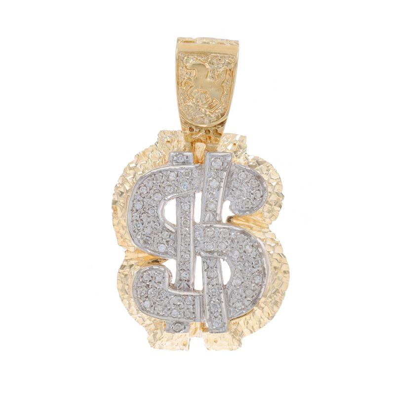 Contenu métallique : Or jaune 14k et or blanc 14k

Informations sur les pierres

Diamants naturels
Carat(s) : .75ctw
Coupe : Brillant rond
Couleur : H - I
Clarté : SI2 - I2

Total des carats : .75ctw

Thème : Symbole du dollar, symbole de la