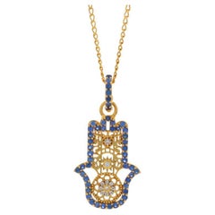 Buddha Mama Sapphire Diamond Hamsa Hand Necklace 17 3/4"-Yellow Gold 20k 1.80ctw