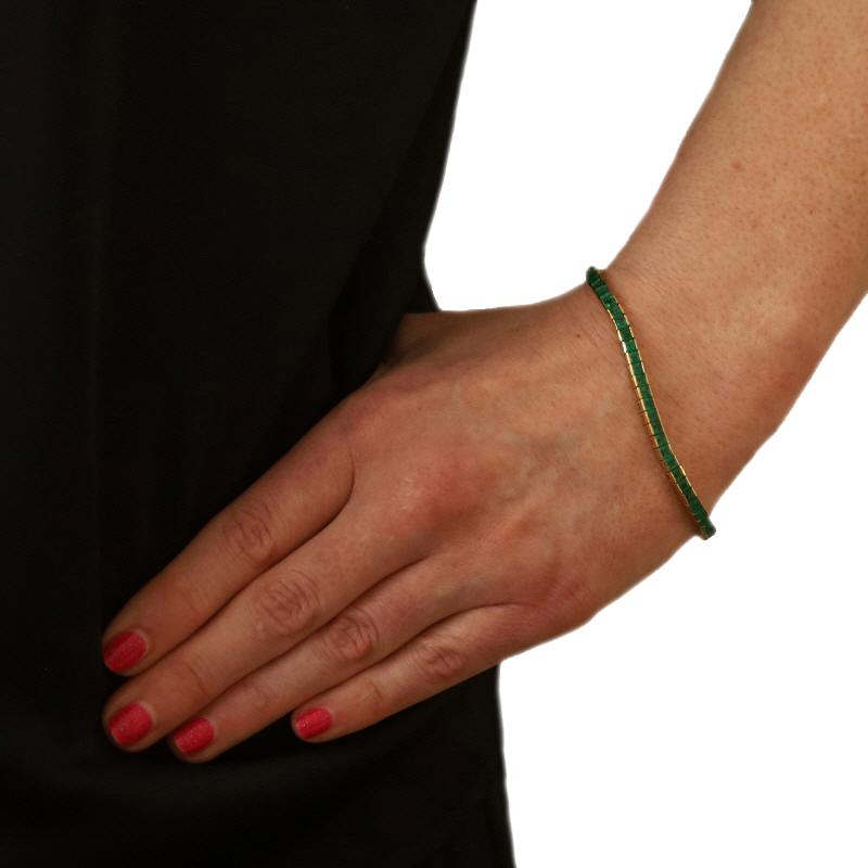 Taille carrée Bracelet de tennis en or jaune avec émeraude 7 1/2
