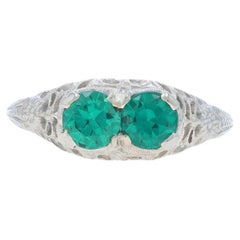 White Gold Emerald Art Deco Two-Stone Ring - 18k Round