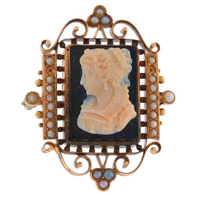 Or jaune Hardstone Seed Pearls Victorian Cameo Brooch - 14k Carved Silhouette en vente