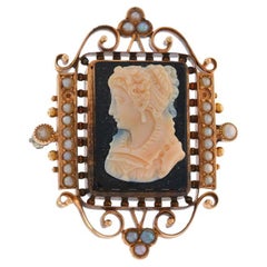 Yellow Gold Hardstone Seed Pearls Victorian Cameo Brooch - 14k Carved Silhouette