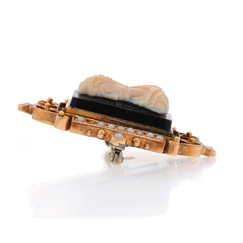 Perle Or jaune Hardstone Seed Pearls Victorian Cameo Brooch - 14k Carved Silhouette en vente