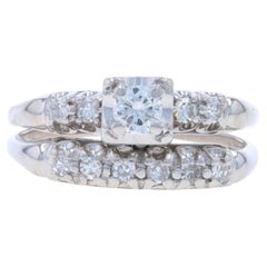 White Gold Diamond Vintage Engagement Ring & Wedding Band - 14k Round .45ctw