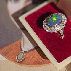 Art Deco 2.25ct Antique Black Opal and Diamond Cluster Cocktail 18K Gold Ring