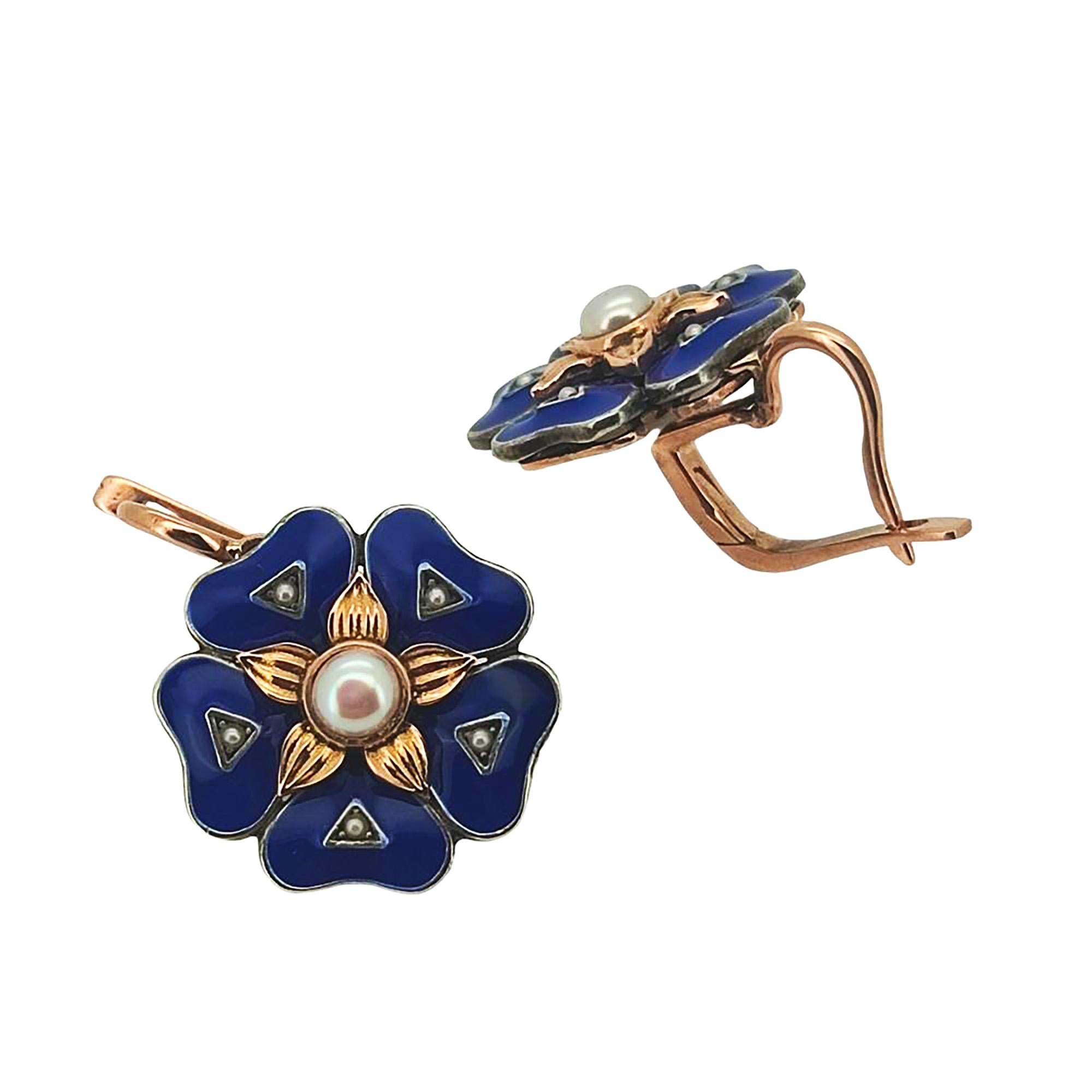 IMPERIAL RUSSIAN 14k Rose Gold Flower Pearls Blue Guilloche Enamel Drop Earrings 2