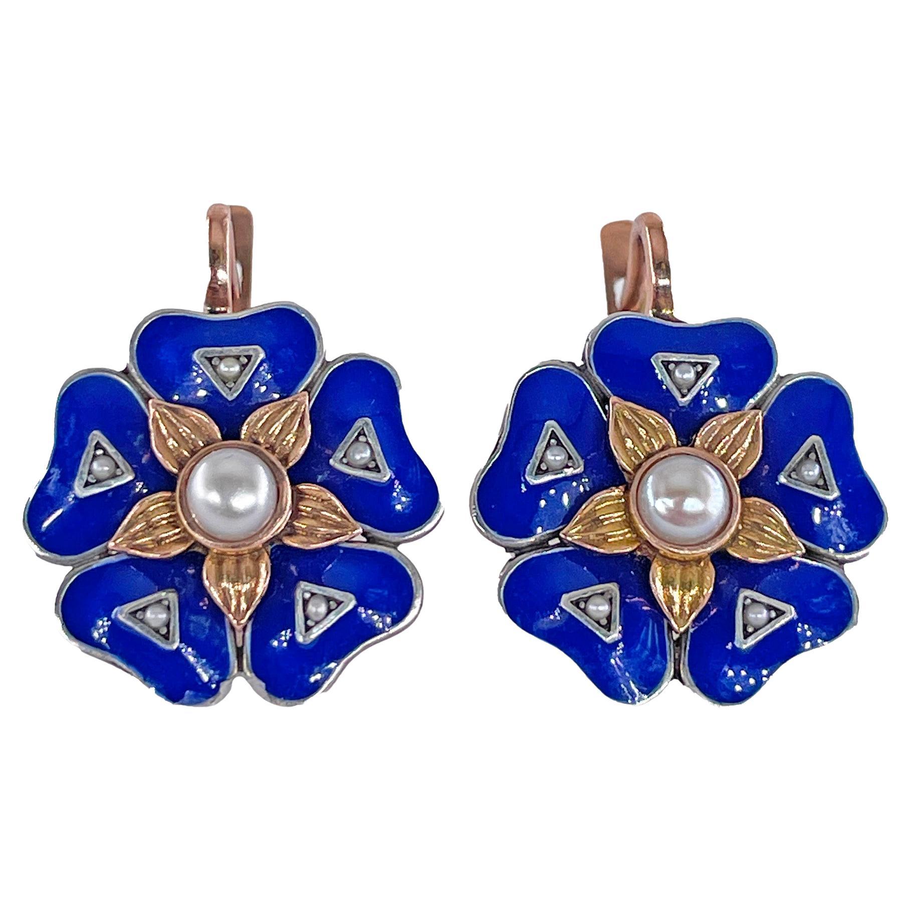 Unique and extremely rare a pair of The End of the 19th CENTURY ,A BEAUTIFUL Pair of IMPERIAL RUSSIAN 14KT Rose Gold Pearl Enamel Earrings.

Circa 1890s 

Rose Gold Earrings are finely modeled as stylized flower heads and are completely covered with