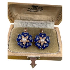IMPERIAL RUSSIAN 14k Rose Gold Flower Pearls Blue Guilloche Enamel Drop Earrings