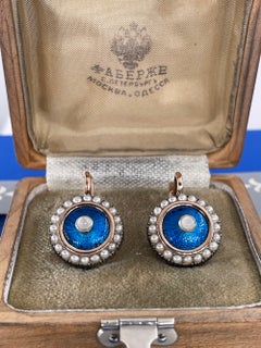 IMPERIAL RUSSIAN Faberge 14k Gold Moonstone Pearl Blue Guilloche Enamel Earrings