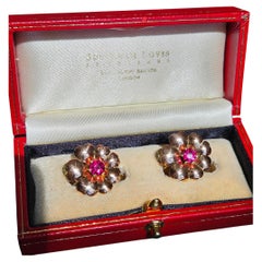 Clips d'oreilles vintage rares en or rose 14 carats avec fleurs naturelles RUBY de 1,20 carat certifiées par le GIA