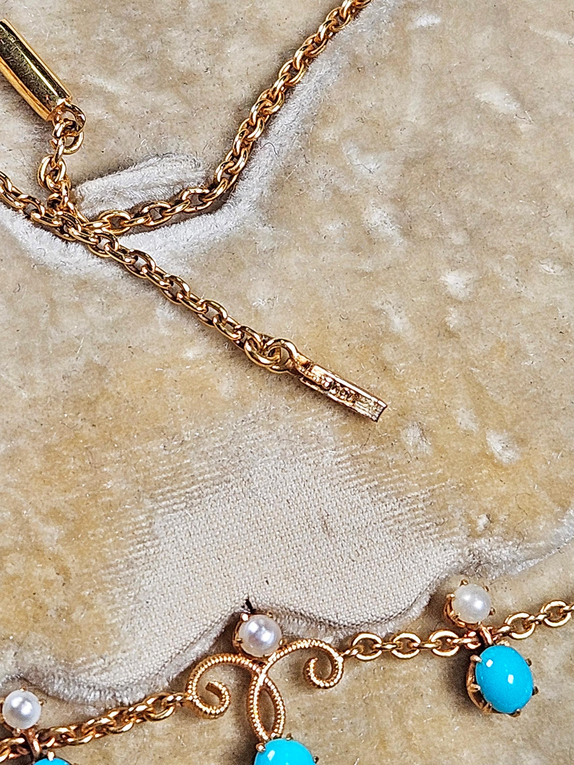 Antiguo collar victoriano de oro de 15 ct con turquesa, perla y diamantes en caja incluida en Bueno estado para la venta en New York, NY