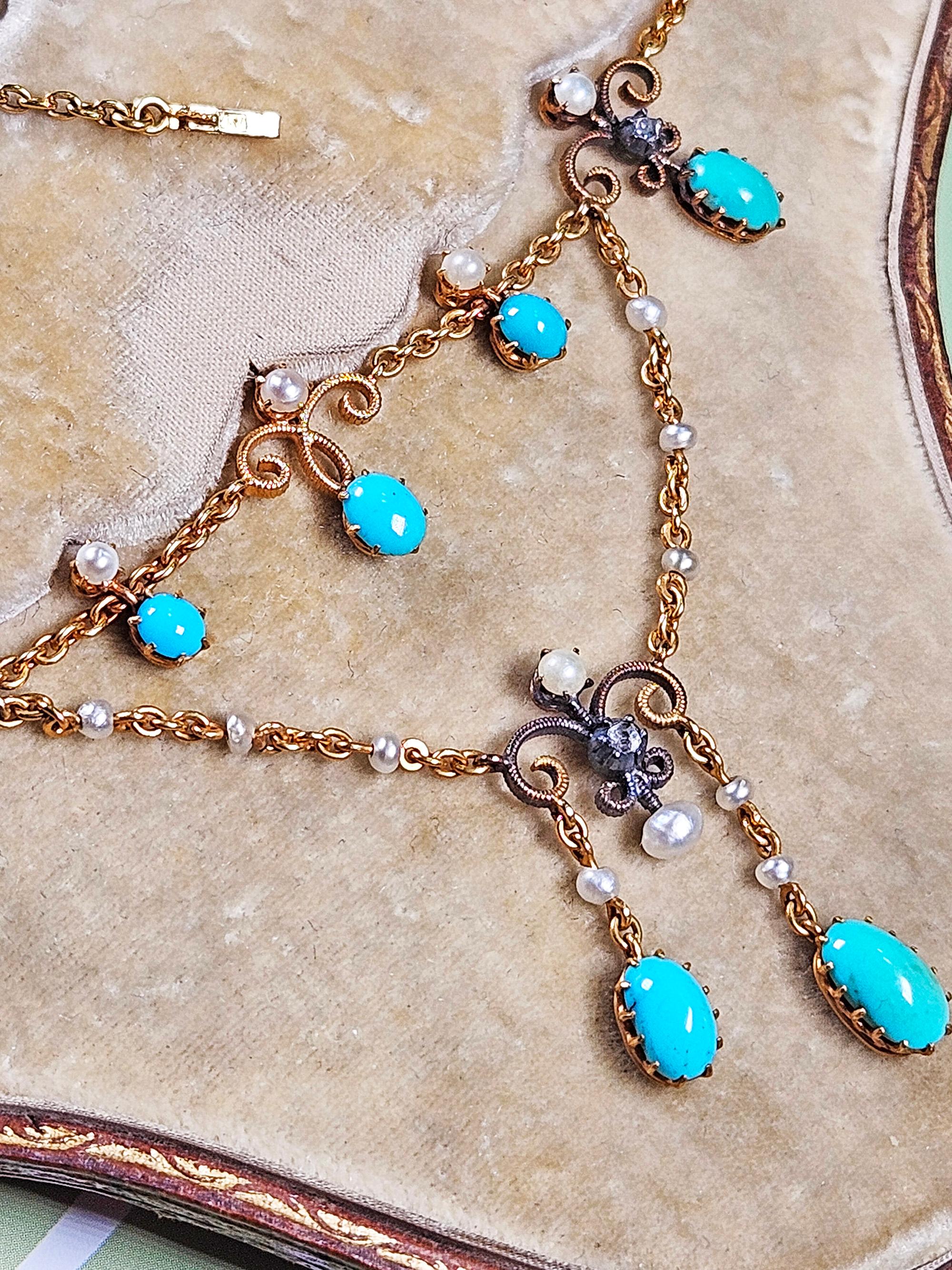 De las mujeres Antiguo collar victoriano de oro de 15 ct con turquesa, perla y diamantes en caja incluida en venta