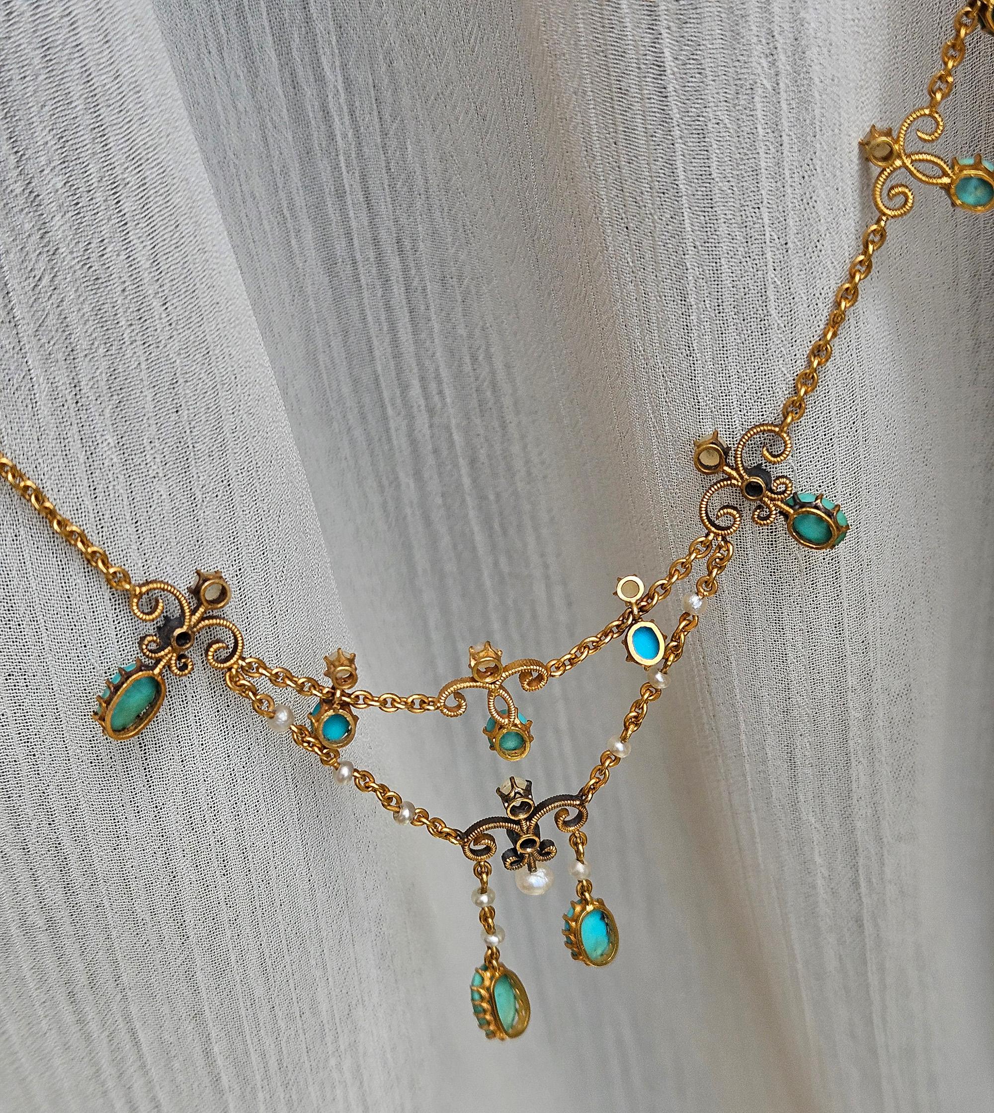 Antiguo collar victoriano de oro de 15 ct con turquesa, perla y diamantes en caja incluida en venta 6