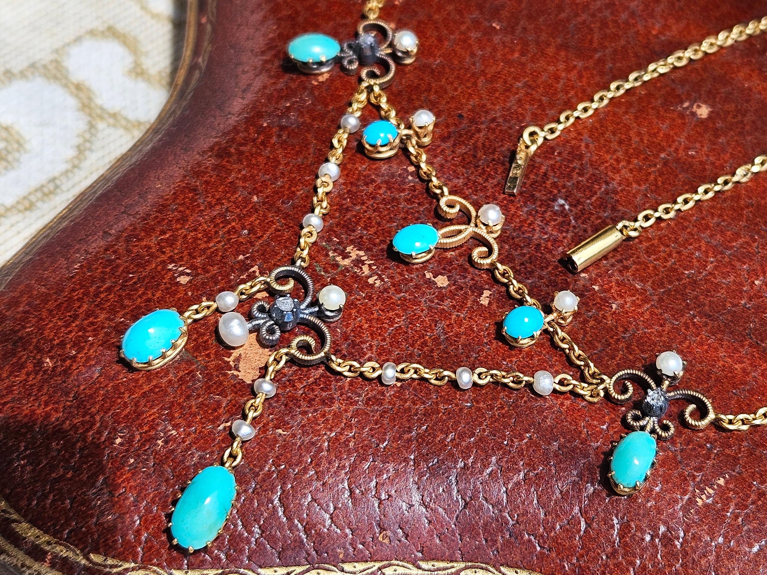 Antiguo collar victoriano de oro de 15 ct con turquesa, perla y diamantes en caja incluida en venta 8