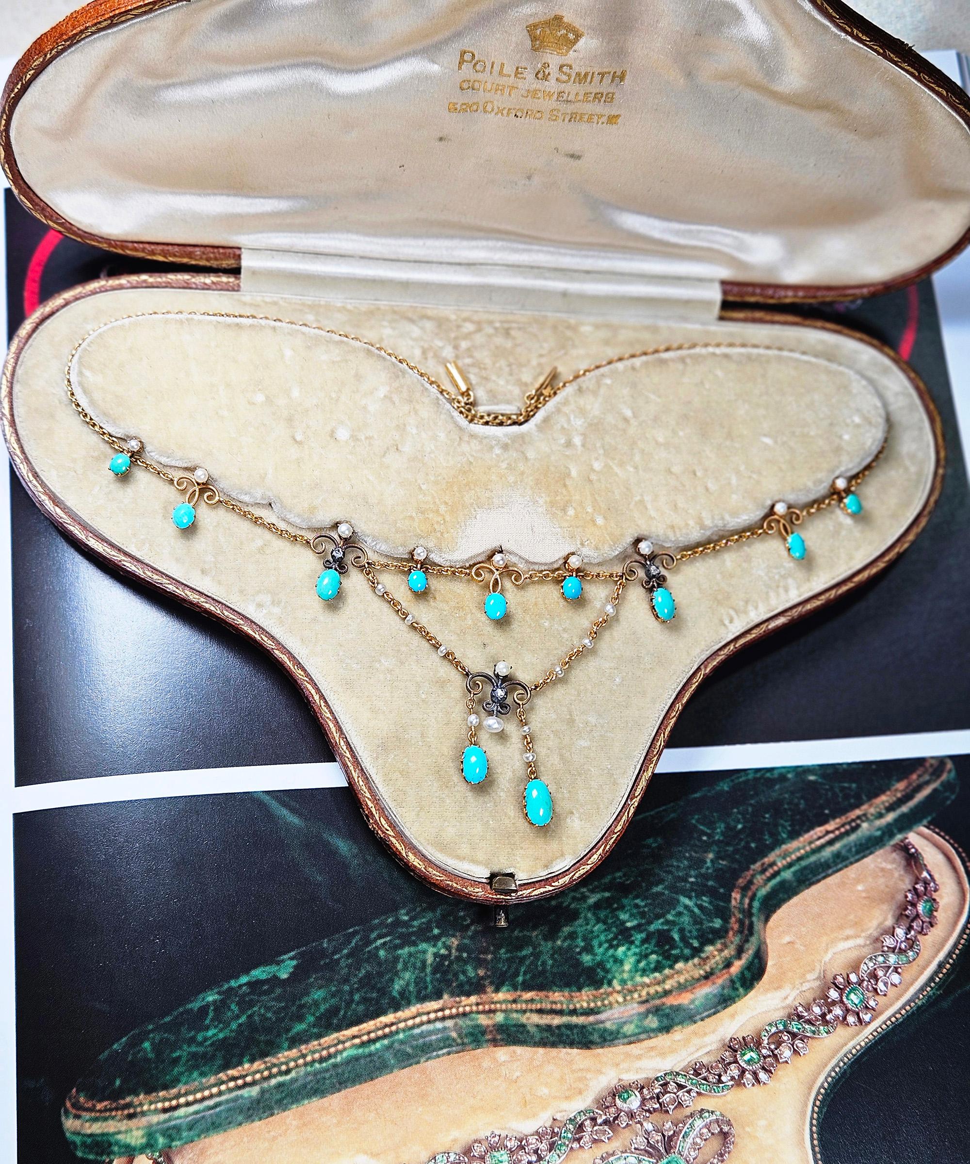 Antiguo collar victoriano de oro de 15 ct con turquesa, perla y diamantes en caja incluida en venta 10