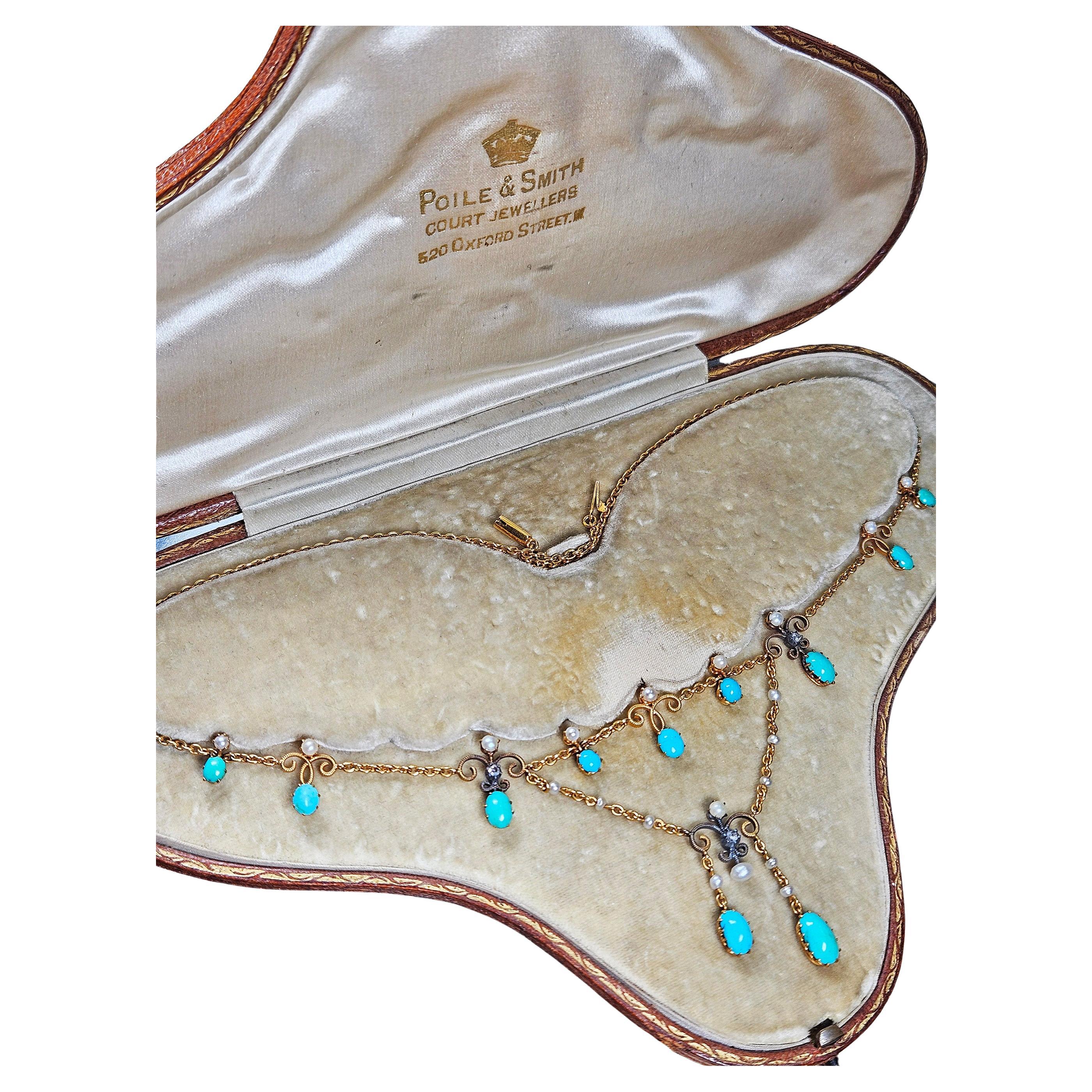Antiguo collar victoriano de oro de 15 ct con turquesa, perla y diamantes en caja incluida en venta