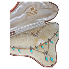 Antiguo collar victoriano de oro de 15 ct con turquesa, perla y diamantes en caja incluida