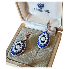 IMPERIAL RUSSIAN 14k Rose Gold Diamonds Pearls Blue Guilloche Enamel Earrings