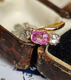 London 1949 GIA Unheated Pink Sapphire Old Euro Diamond 18K Gold 3-Stone Ring