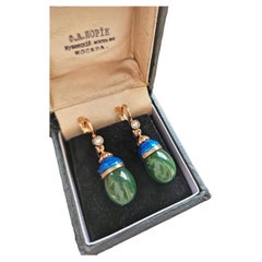 IMPERIAL RUSSIAN Lorie for Fabergé Diamond Nephrite Blue Guilloche 14k Earrings