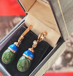IMPERIAL RUSSIAN Lorie for Fabergé Diamond Nephrite Blue Guilloche 14k Earrings