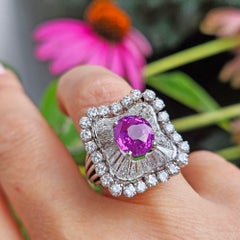 Anello in platino con diamanti e zaffiro rosa naturale di Ceylon da 5,58 carati totali, non trattato termicamente, GRS, anni '60