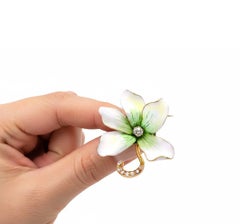 French Art Nouveau 18KY Gold Enamel Old Mine & Rose Cut Diamonds Flower Brooch