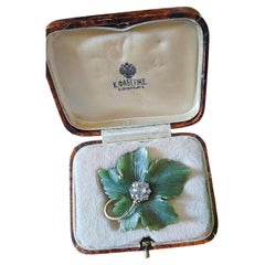 1890s Antique Imperial Fabergé Rose Cut Diamonds & Nephrite Leaf 14K Gold Brooch