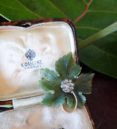 1890s Antique Imperial Fabergé Rose Cut Diamonds & Nephrite Leaf 14K Gold Brooch