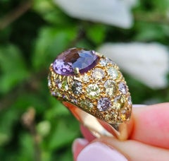10.68 Carat Natural Fancy Multicolored Diamonds & Amethyst Dome 18k Gold Ring