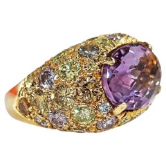 10.68 Carat Natural Fancy Multicolored Diamonds & Amethyst Dome 18k Gold Ring