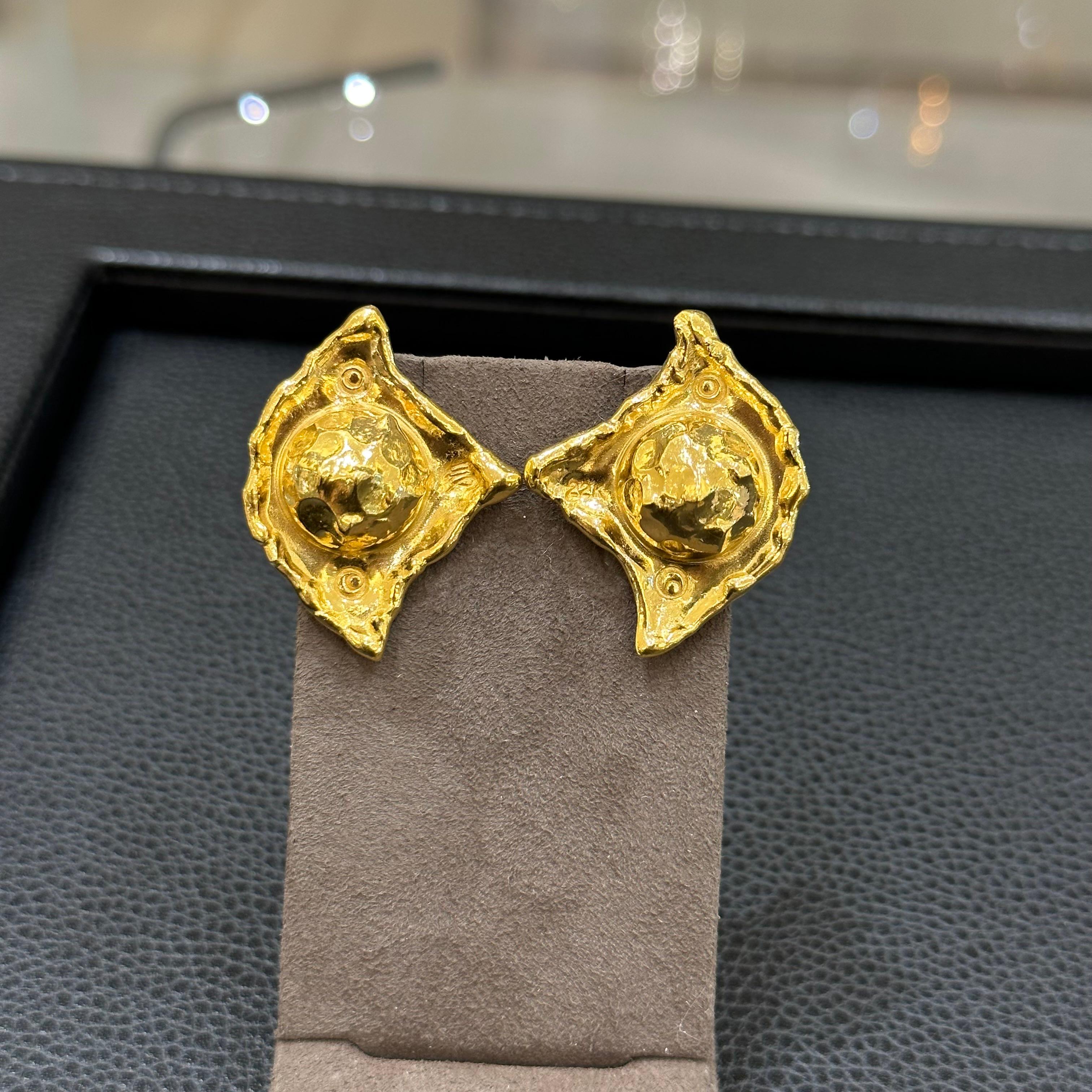 22K Jean Mahie Earrings. Square with Indented Edges and Small Dome Center. 13.50 Grams of 22K Gold.
