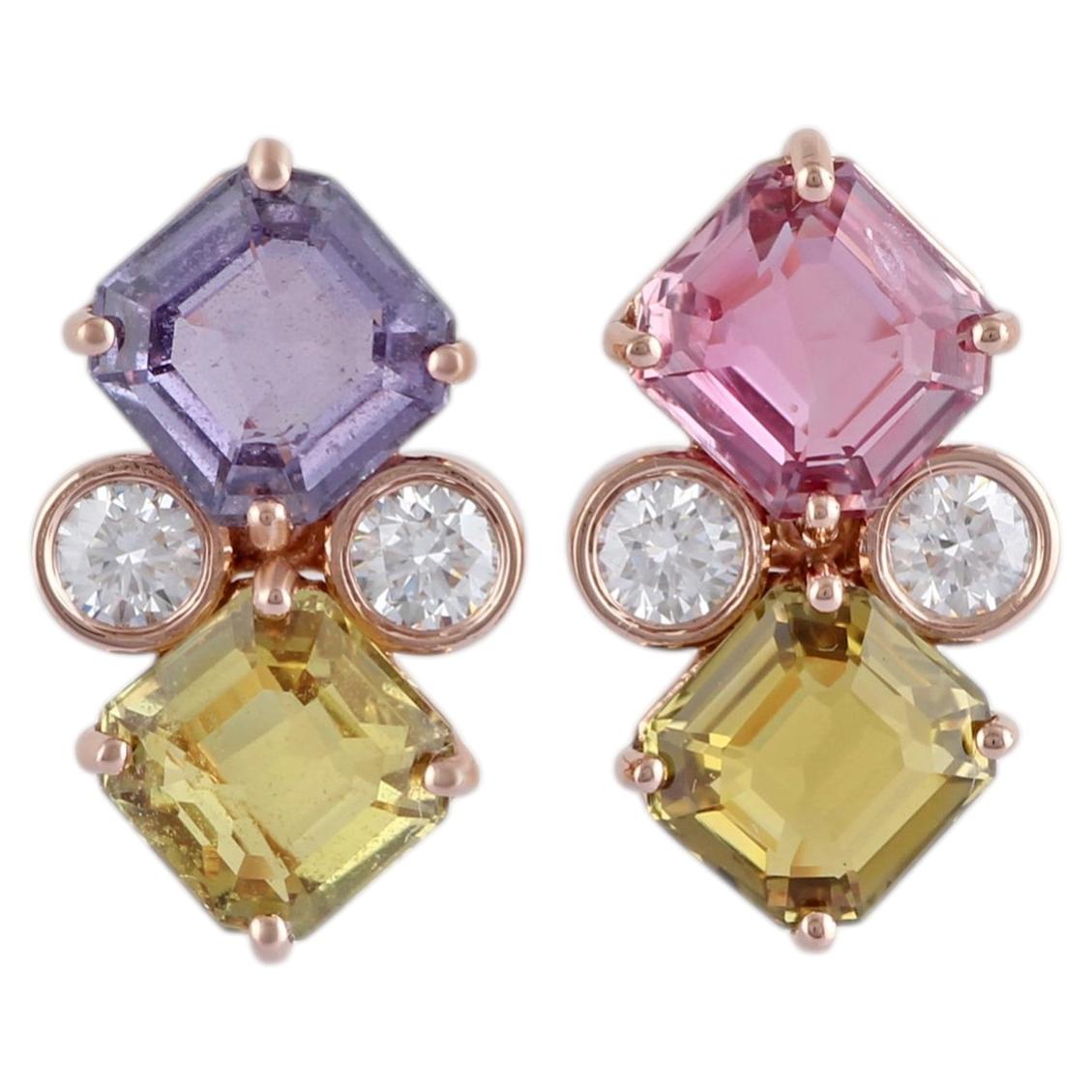 Multi-Color Geometric Stud Earrings in 18K Rose Gold