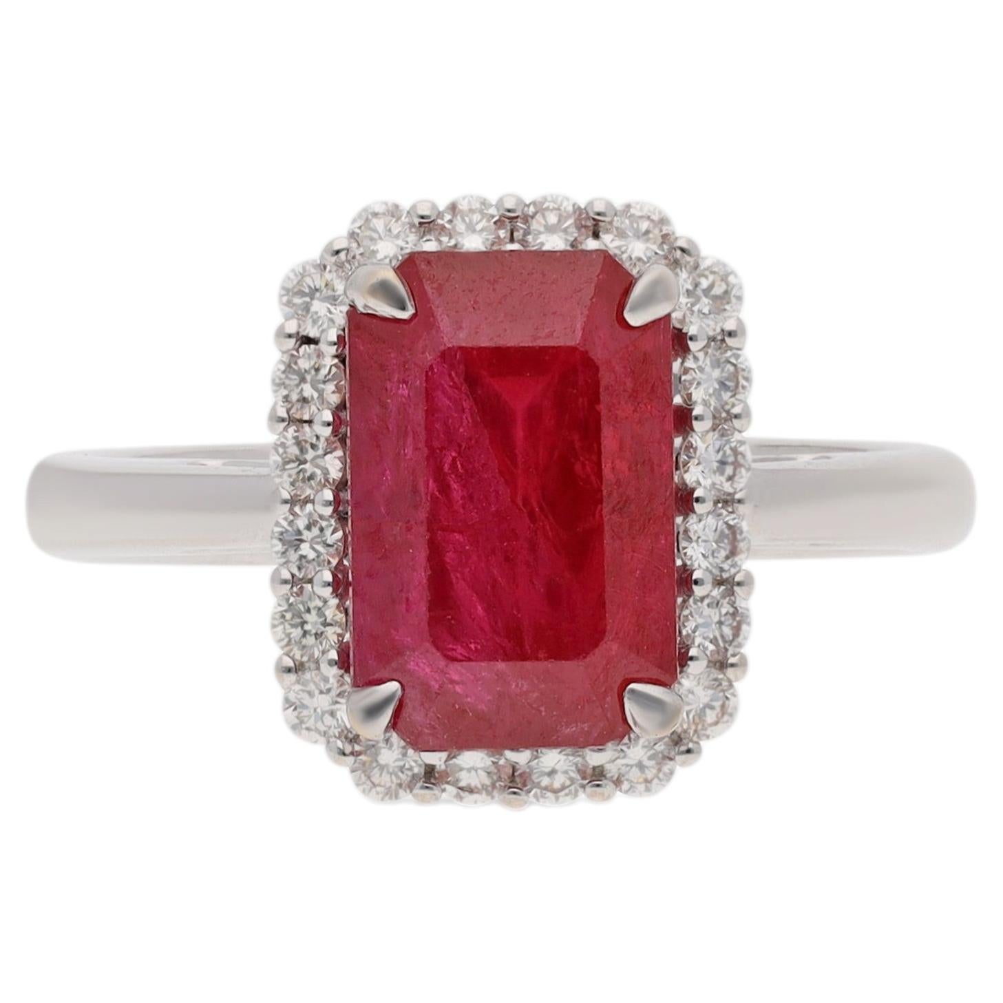 4.25 Cts Ruby Halo Ring with Diamonds in 18Kt White Gold