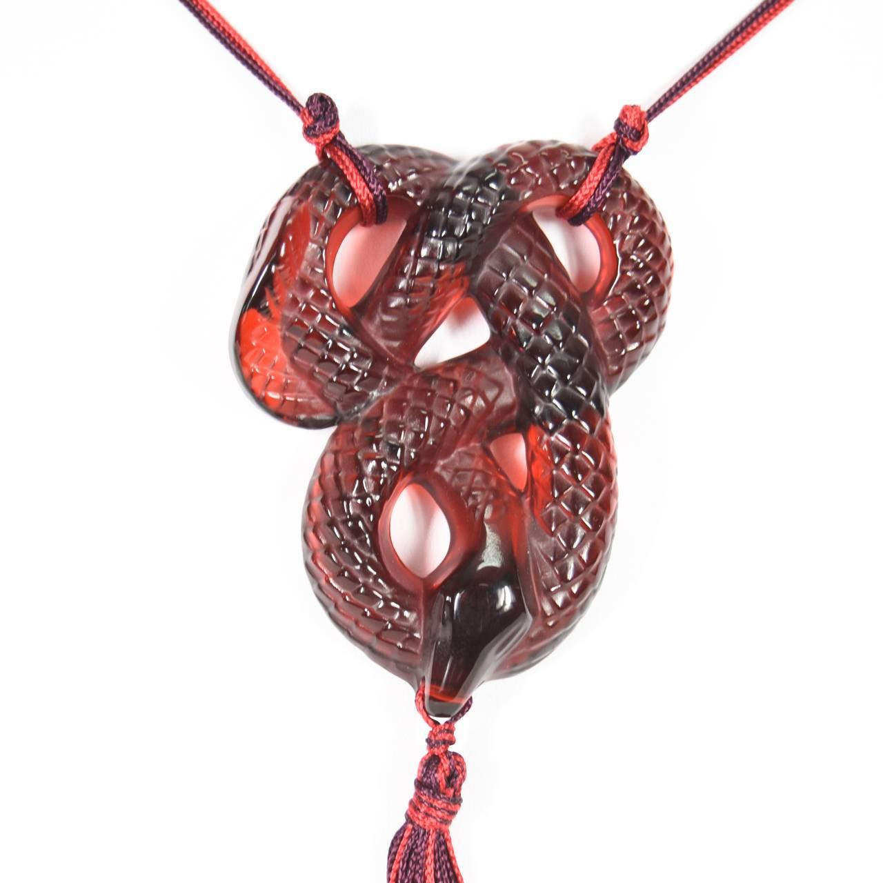 Lalique Art Deco Style Serpent Pendant on Silk Cord In New Condition For Sale In Malvern, Victoria