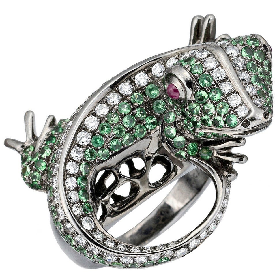 Lady's Gem Set Diamond Gold Lizard Design Dress Ring