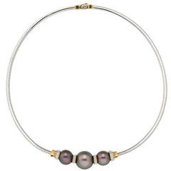 A Tahitian Pearl Diamond Gold Omega Necklace