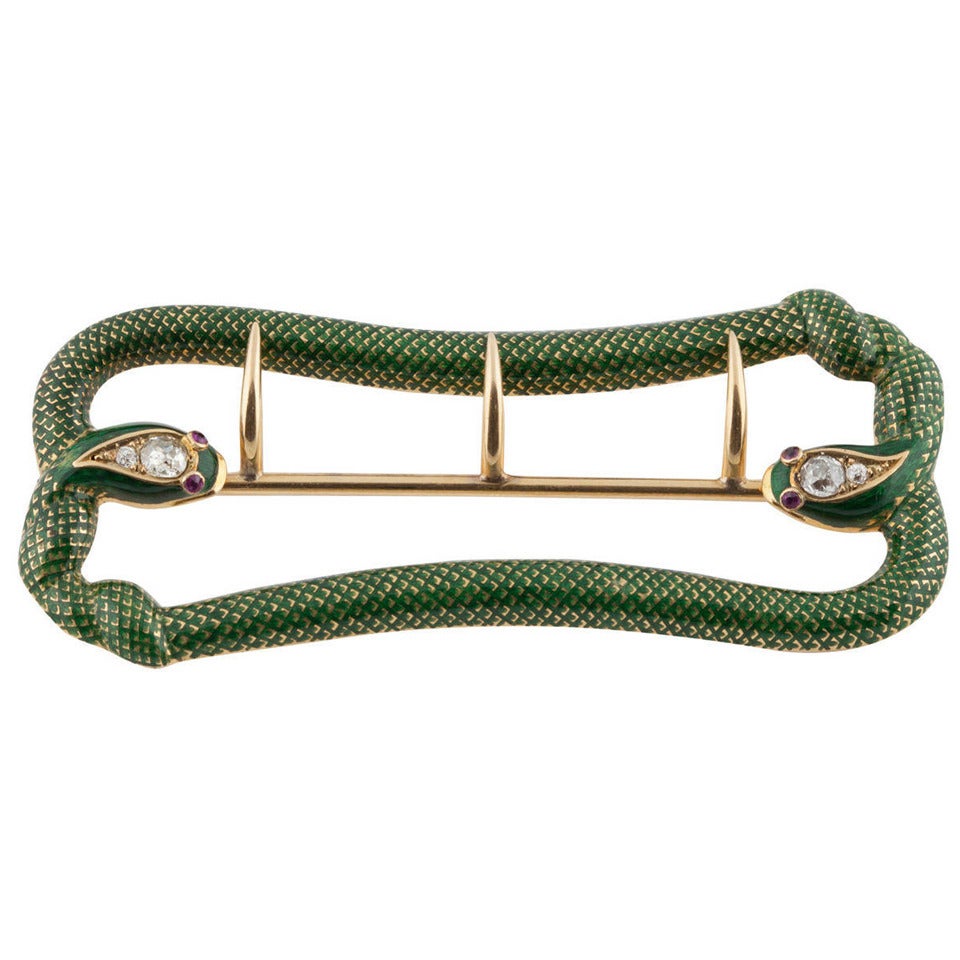 Art Nouveau Enamel Diamond Ruby Gold Serpent Belt Buckle