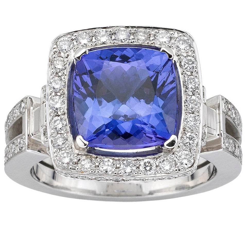 Tanzanite Diamond Ring of Square Cluster Design For Sale