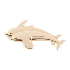 Retro George Jensen 18 Carat Yellow Gold Double Dolphin Brooch