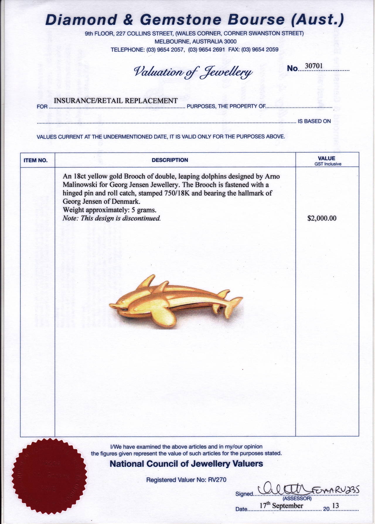George Jensen 18 Carat Yellow Gold Double Dolphin Brooch In Good Condition For Sale In Malvern, Victoria
