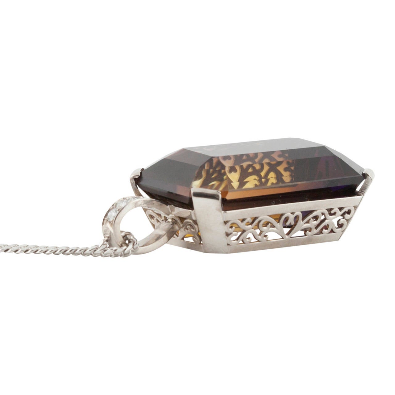 Modern Ametrine or Cognac Quartz 57 Carat Pendant Necklace with Diamond Detail For Sale