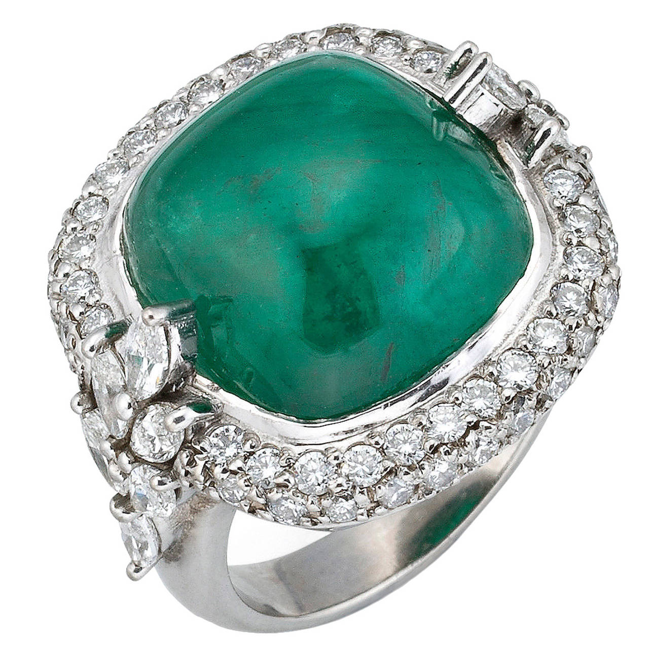 Sugarloaf Cabochon Cut Emerald Diamond Cocktail Ring For Sale at 1stdibs