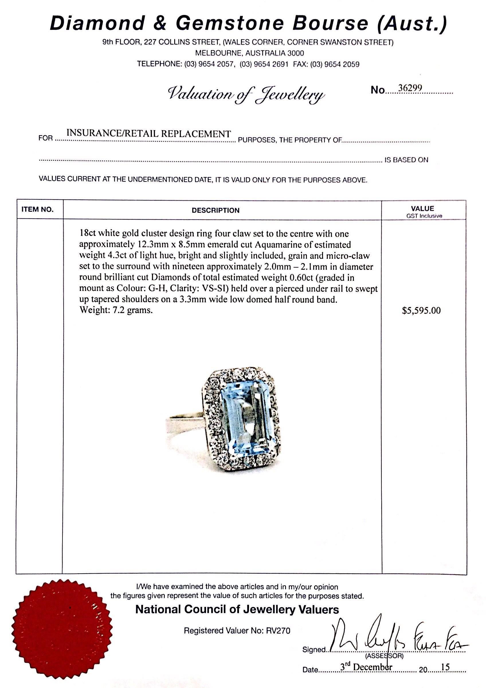 4.3 Carat Aquamarine Diamond White Gold Cocktail Engagement Halo Ring For Sale 1