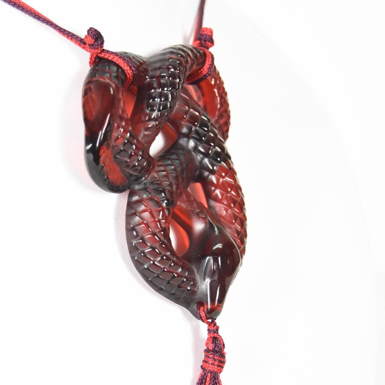 Women's or Men's Lalique Art Deco Style Serpent Pendant on Silk Cord For Sale