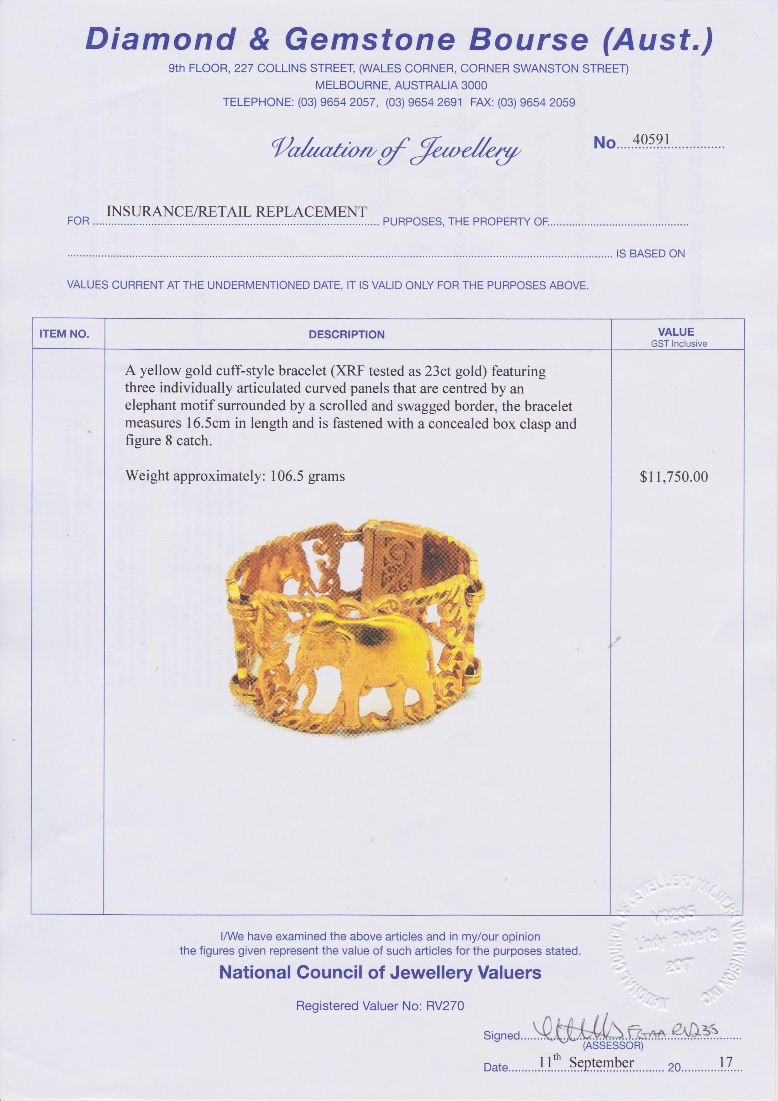 Cartier-Style 23 Carat Yellow Gold Cuff Bracelet of Elephants In Good Condition In Malvern, Victoria