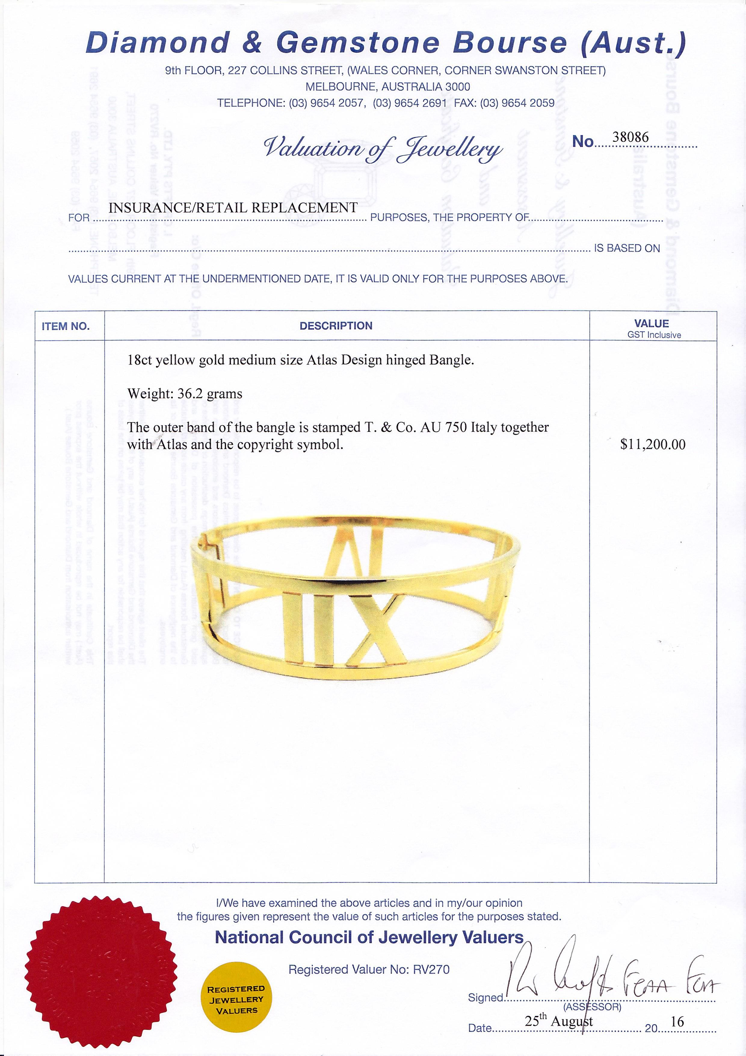 Women's or Men's Tiffany & Co. Yellow Gold Atlas Bangle Bracelet 