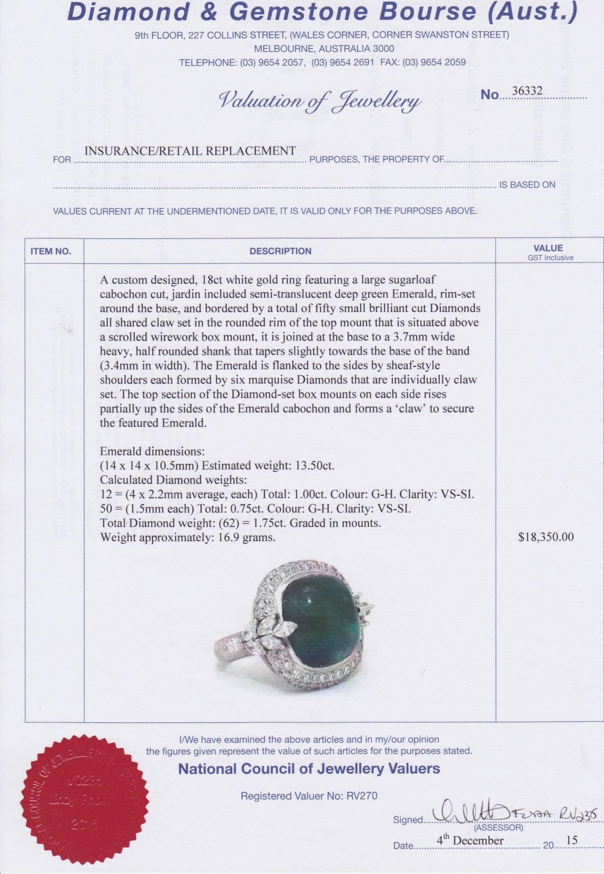 Sugarloaf Cabochon Cut Emerald Diamond Cocktail Ring For Sale 2