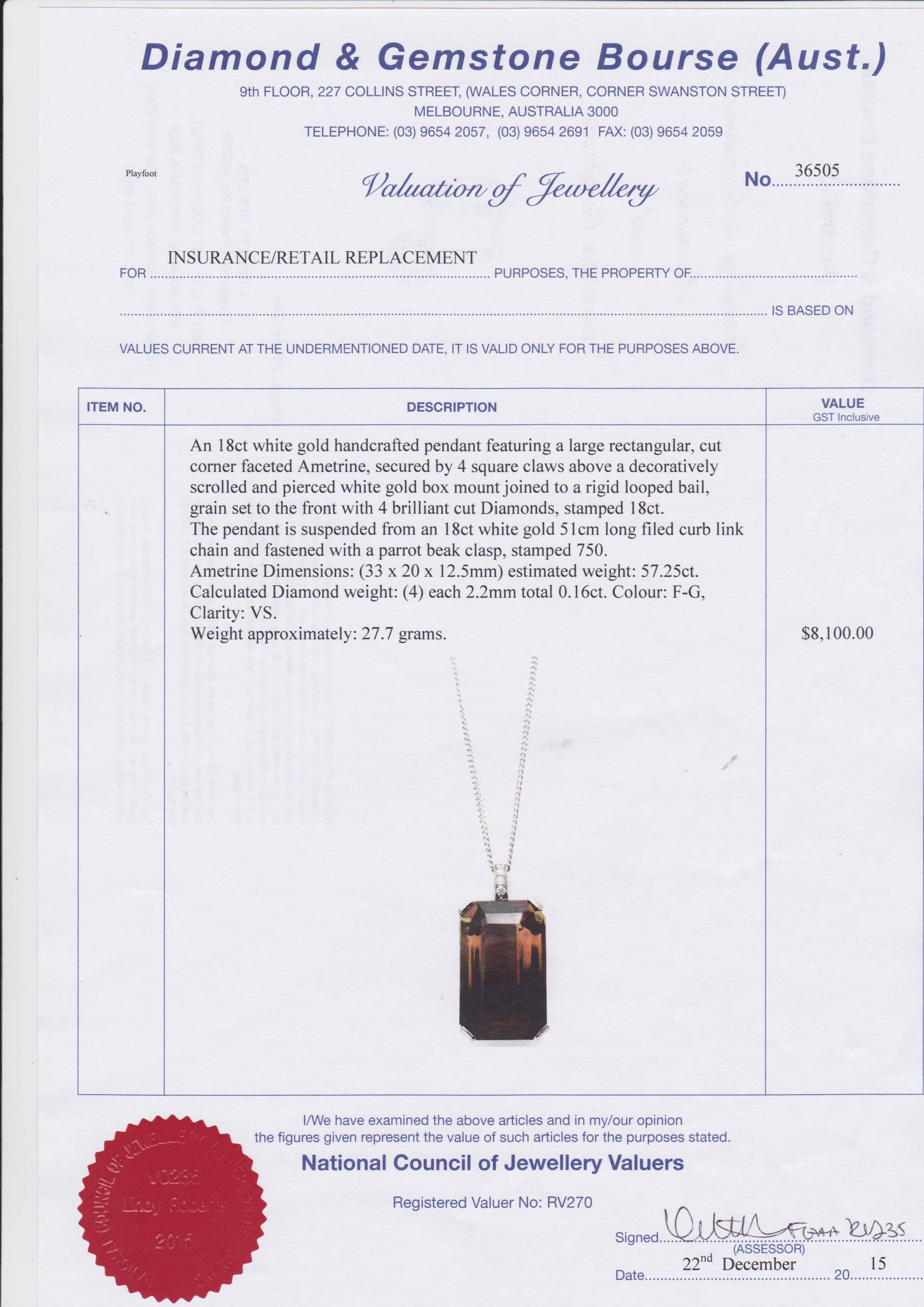 Ametrine or Cognac Quartz 57 Carat Pendant Necklace with Diamond Detail In New Condition For Sale In Malvern, Victoria