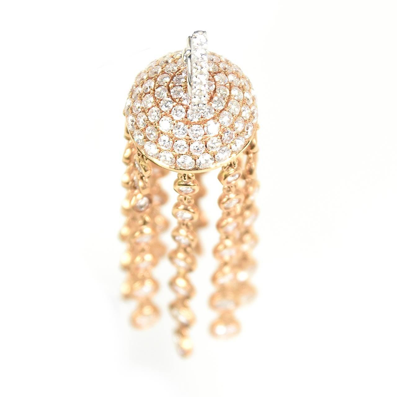 Diamond 18 Karat Rose White Gold Dangle Drop Earrings For Sale 1